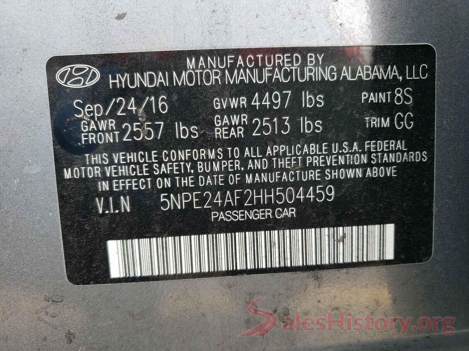 5NPE24AF2HH504459 2017 HYUNDAI SONATA