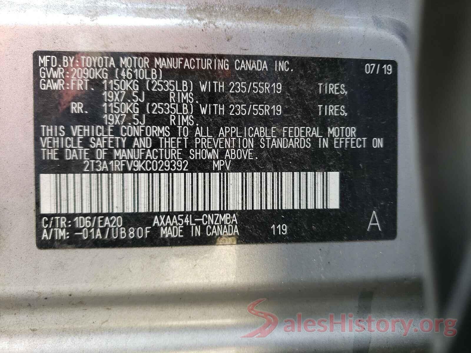 2T3A1RFV9KC029392 2019 TOYOTA RAV4