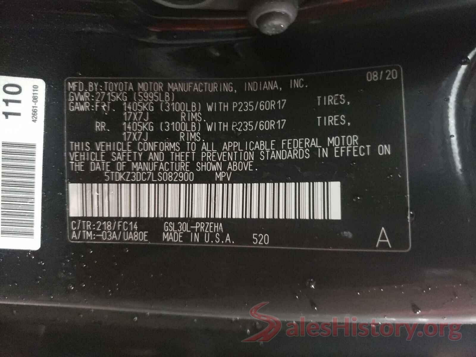 5TDKZ3DC7LS082900 2020 TOYOTA SIENNA