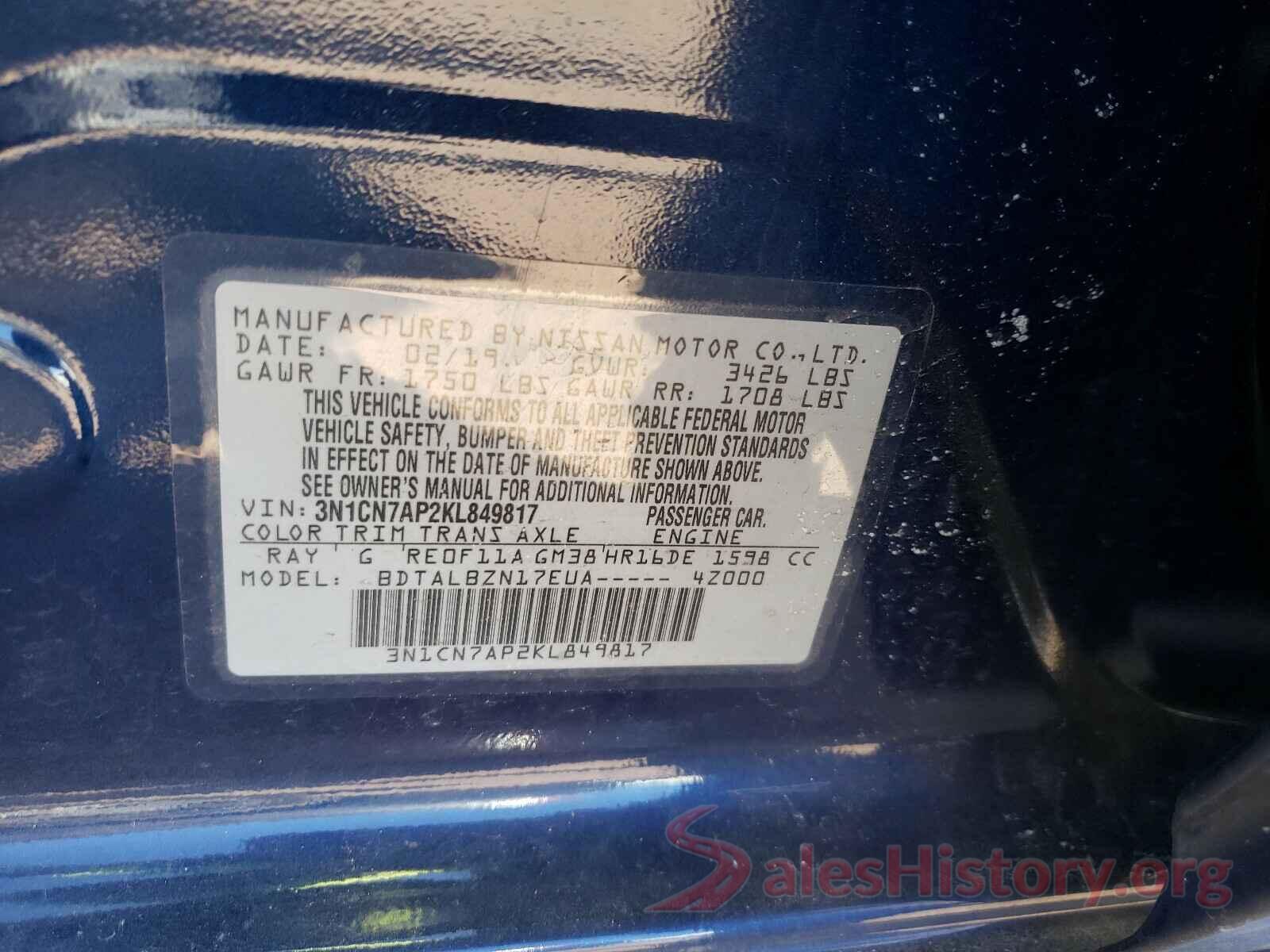 3N1CN7AP2KL849817 2019 NISSAN VERSA