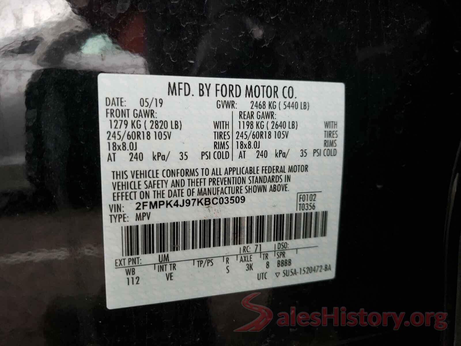 2FMPK4J97KBC03509 2019 FORD EDGE