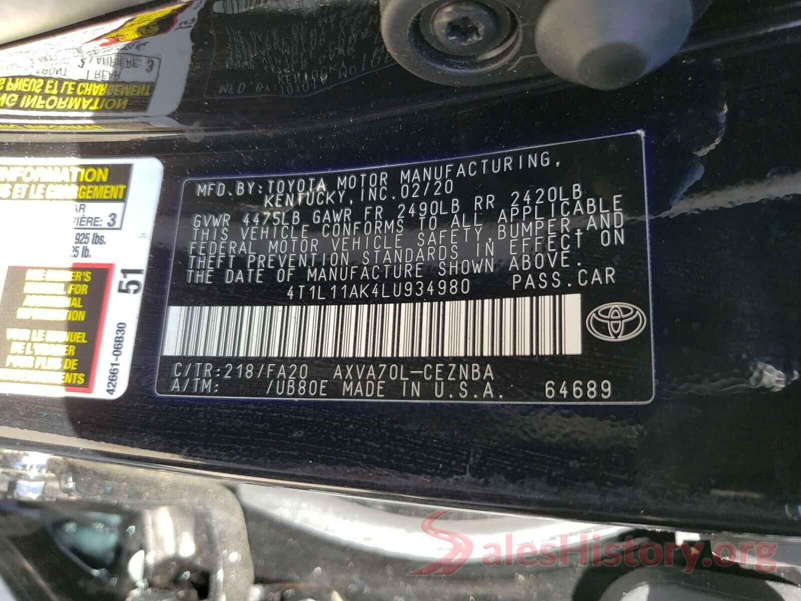 4T1L11AK4LU934980 2020 TOYOTA CAMRY