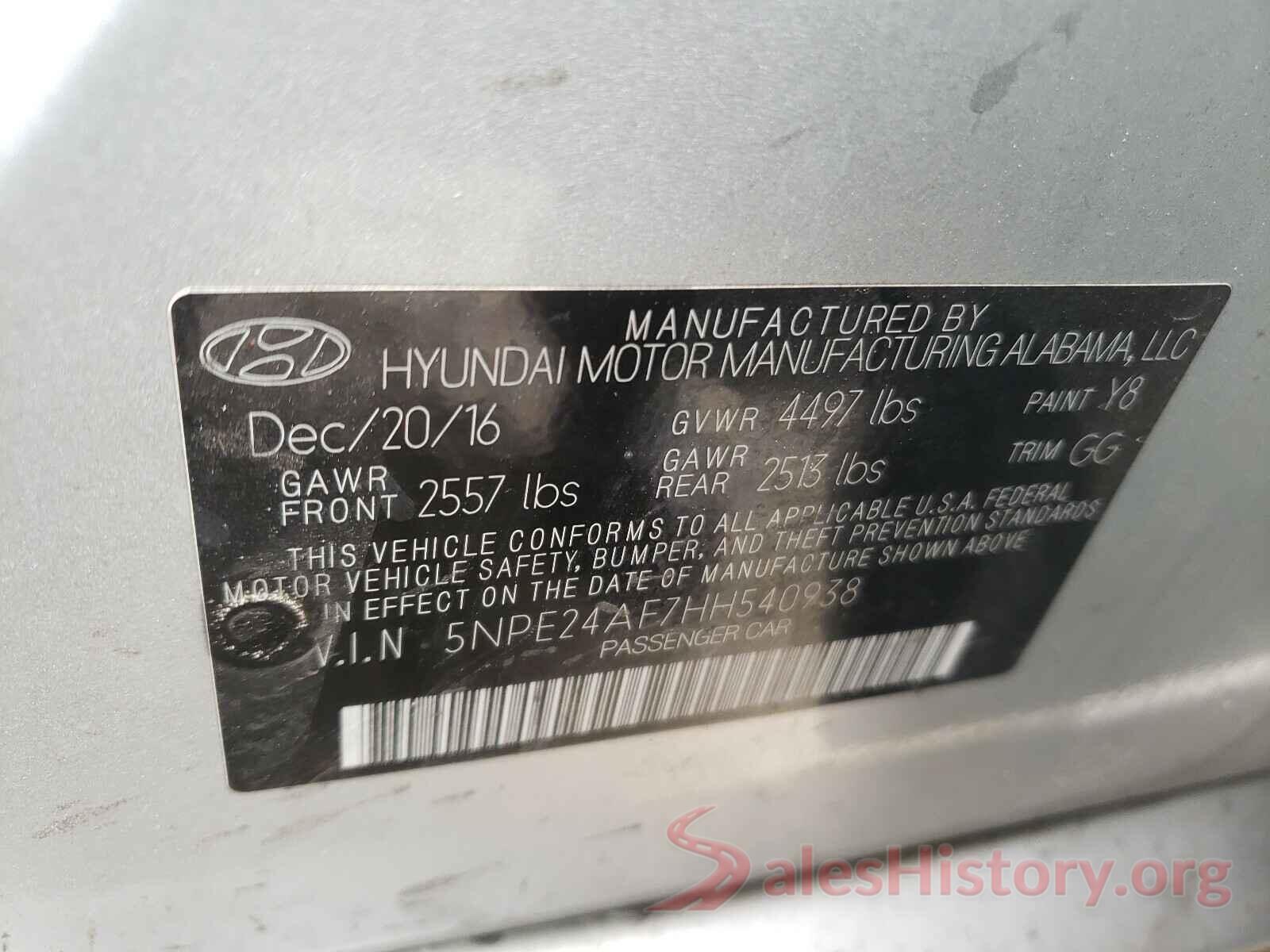 5NPE24AF7HH540938 2017 HYUNDAI SONATA