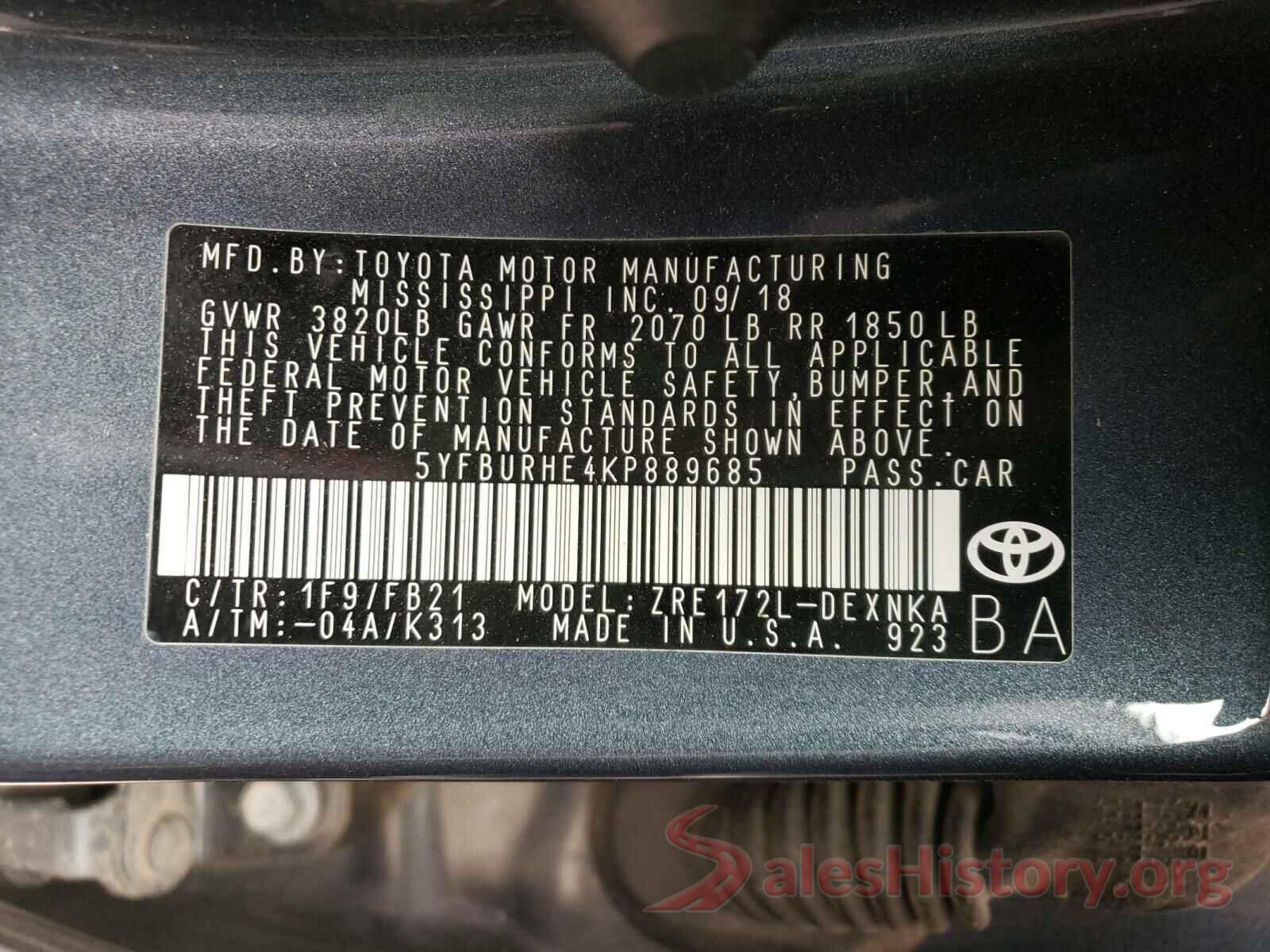 5YFBURHE4KP889685 2019 TOYOTA COROLLA