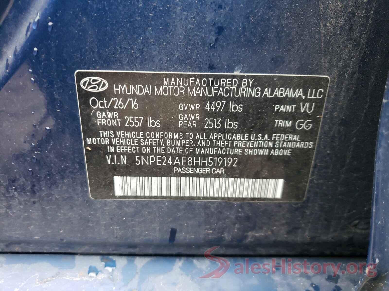 5NPE24AF8HH519192 2017 HYUNDAI SONATA