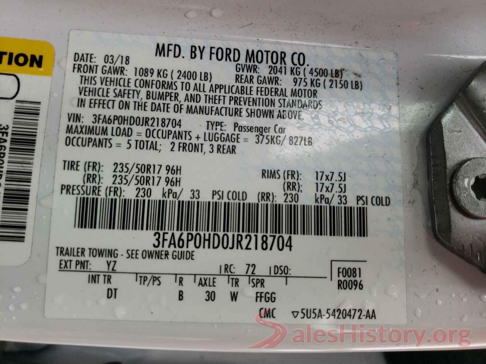 3FA6P0HD0JR218704 2018 FORD FUSION