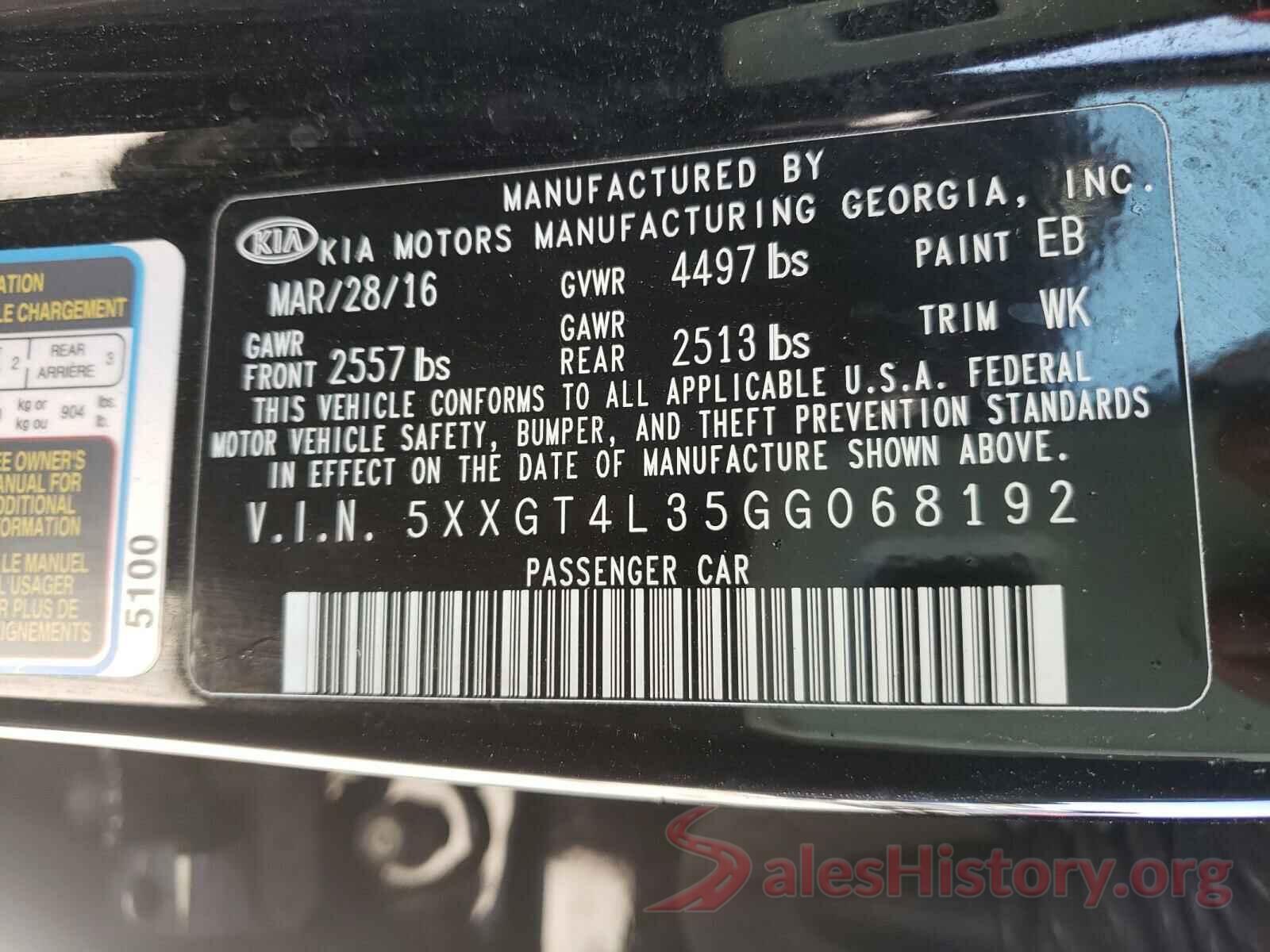 5XXGT4L35GG068192 2016 KIA OPTIMA