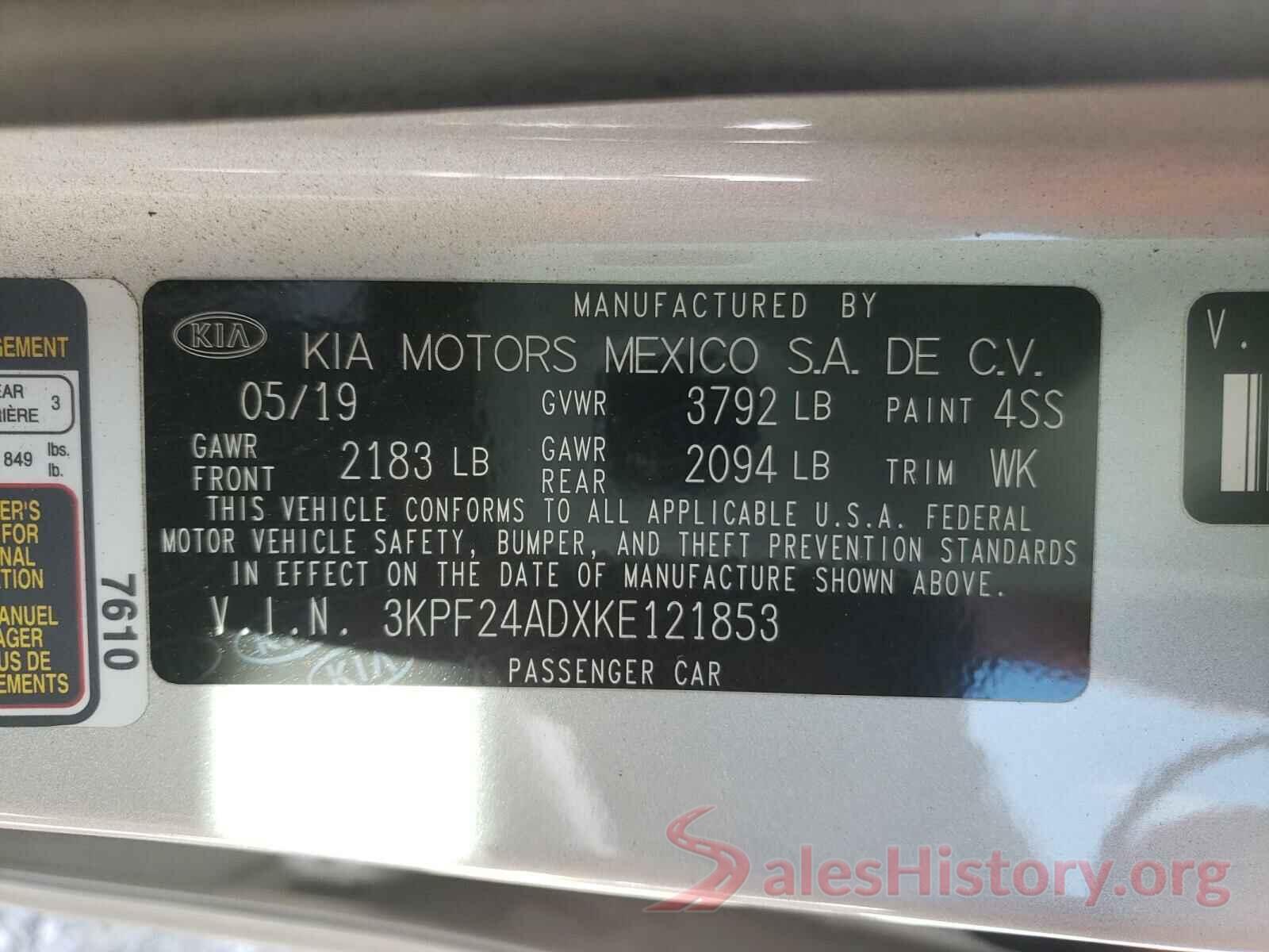 3KPF24ADXKE121853 2019 KIA FORTE