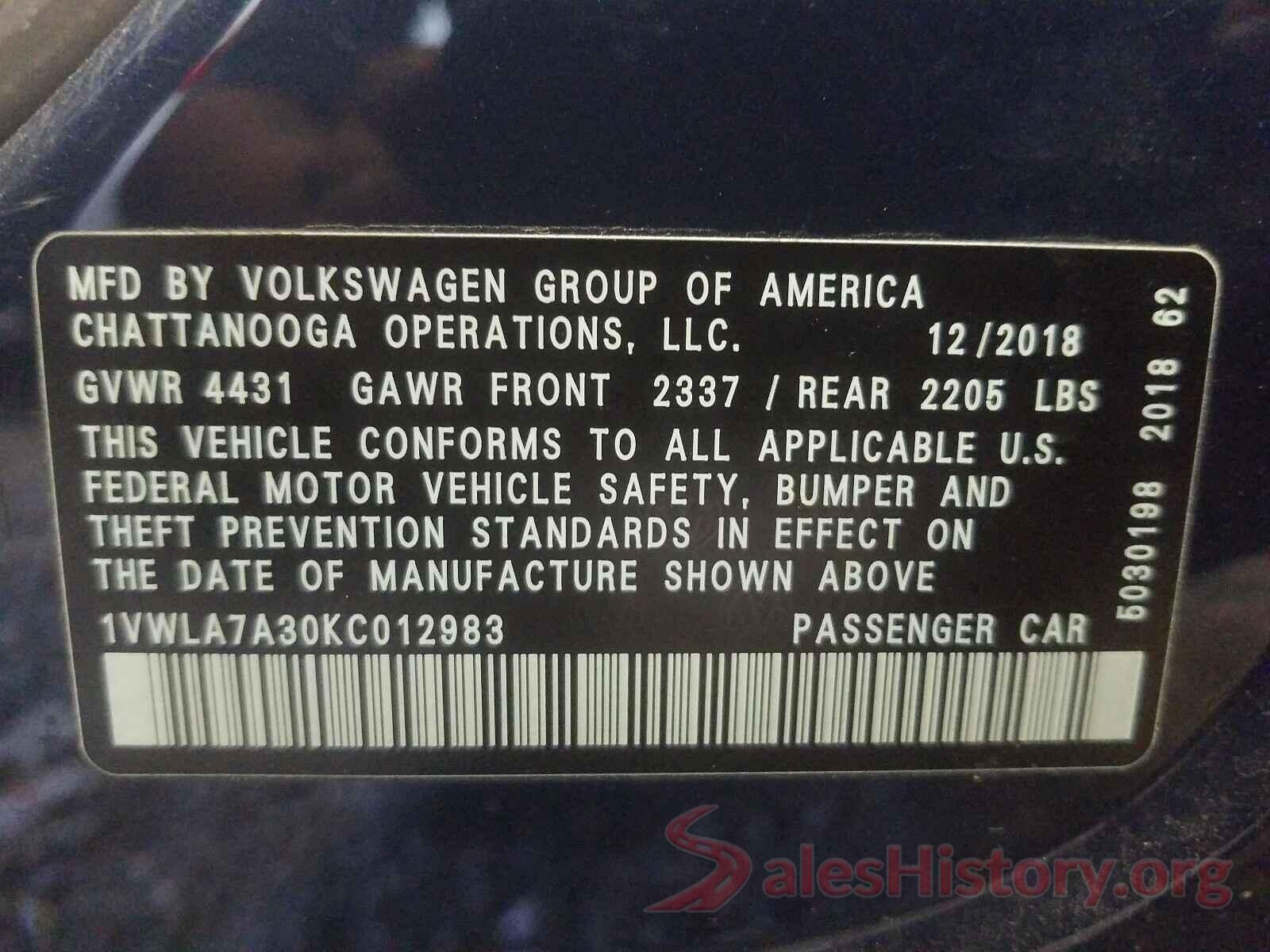 1VWLA7A30KC012983 2019 VOLKSWAGEN PASSAT