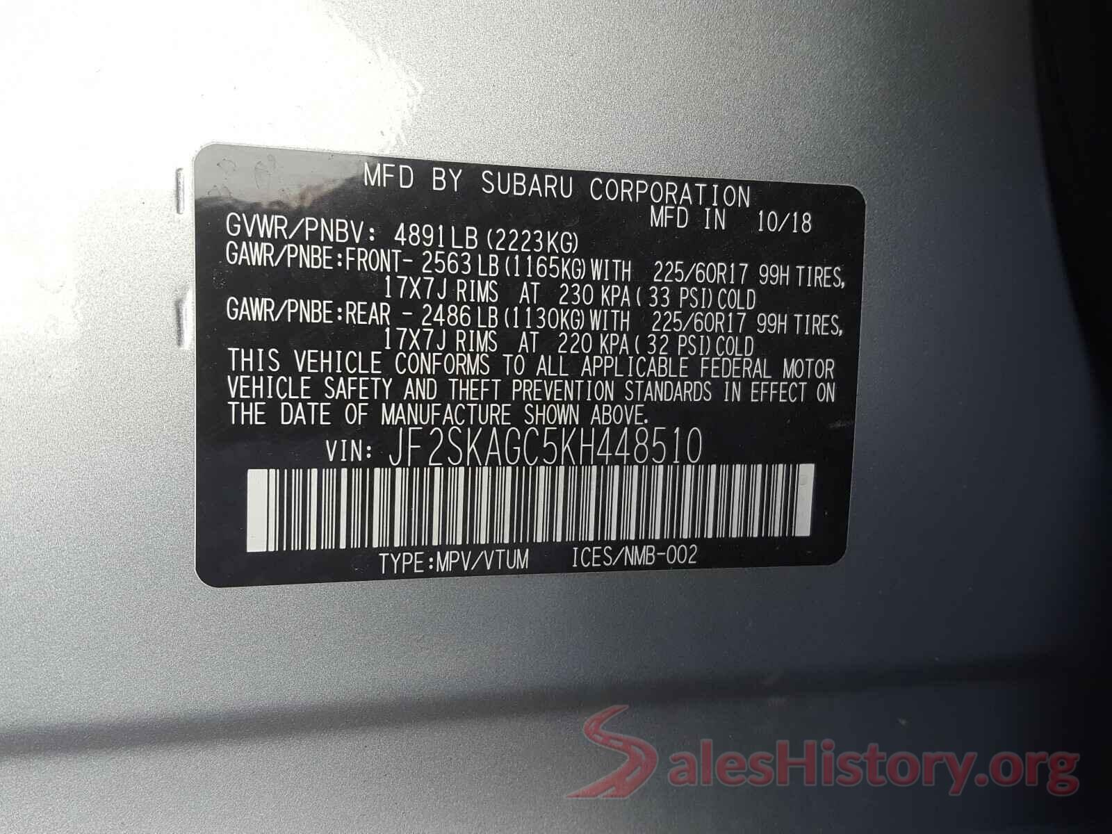 JF2SKAGC5KH448510 2019 SUBARU FORESTER