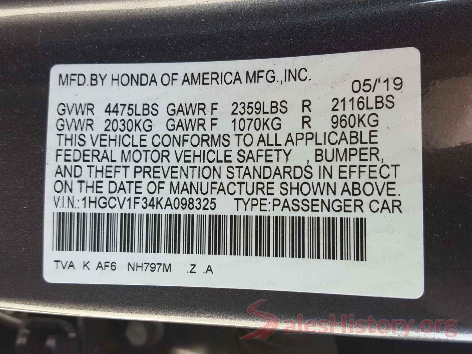 1HGCV1F34KA098325 2019 HONDA ACCORD