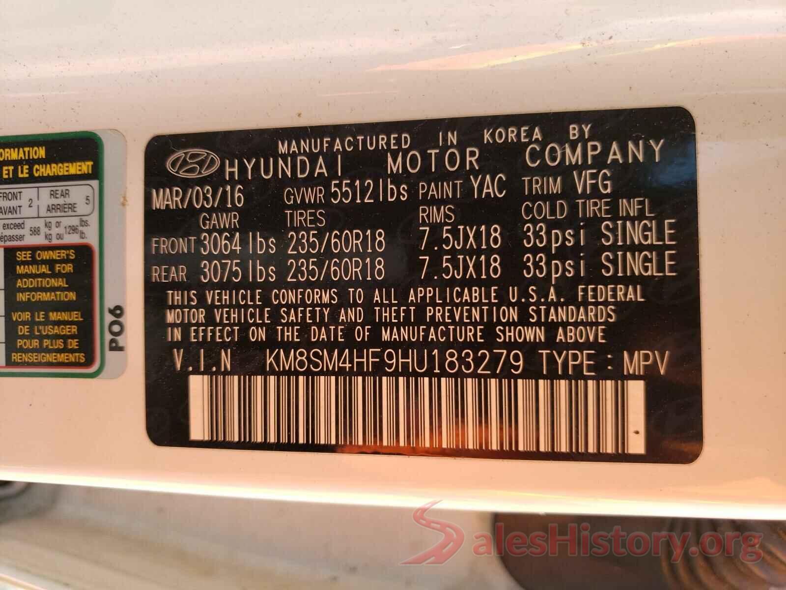 KM8SM4HF9HU183279 2017 HYUNDAI SANTA FE