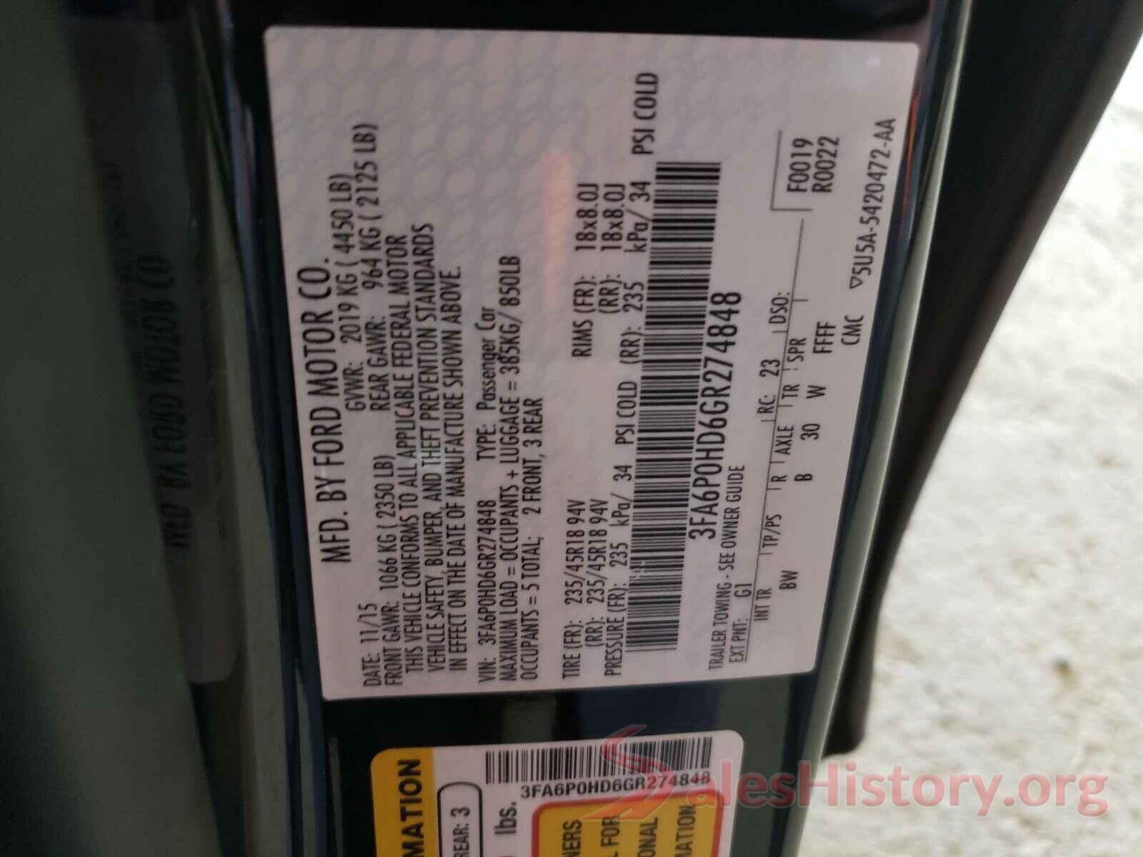 3FA6P0HD6GR274848 2016 FORD FUSION