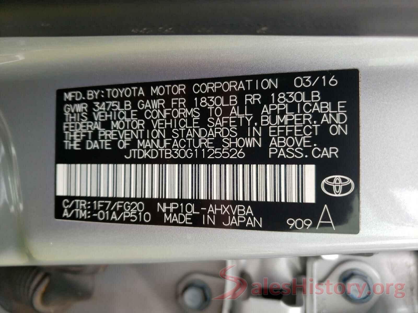 JTDKDTB30G1125526 2016 TOYOTA PRIUS