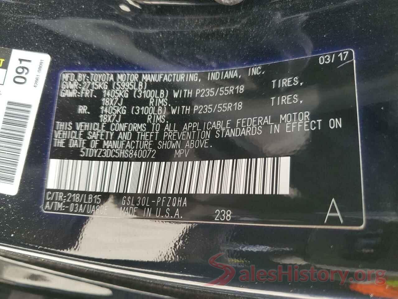 5TDYZ3DC5HS840072 2017 TOYOTA SIENNA