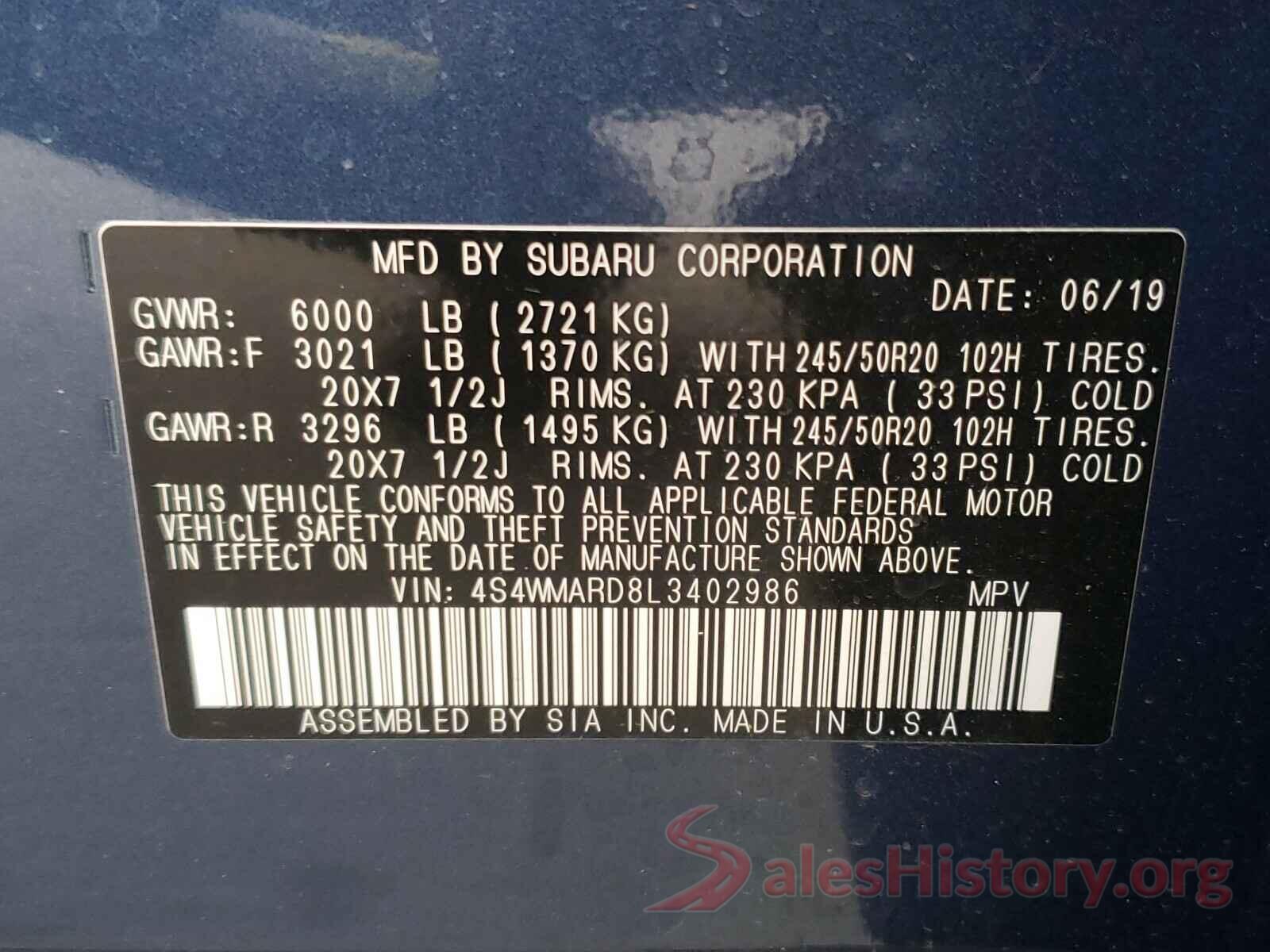 4S4WMARD8L3402986 2020 SUBARU ALL MODELS