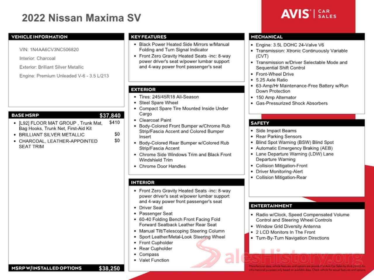 1N4AA6CV3NC506820 2022 NISSAN MAXIMA