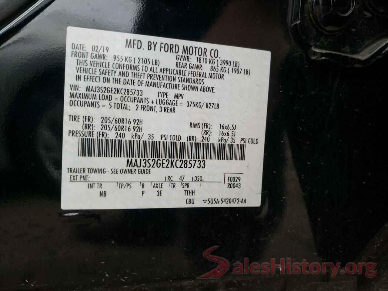 MAJ3S2GE2KC285733 2019 FORD ECOSPORT