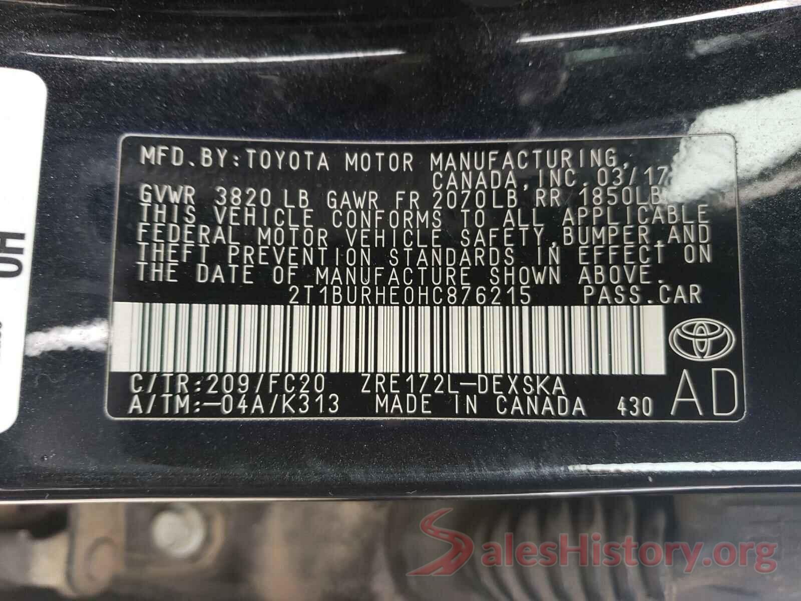 2T1BURHE0HC876215 2017 TOYOTA COROLLA