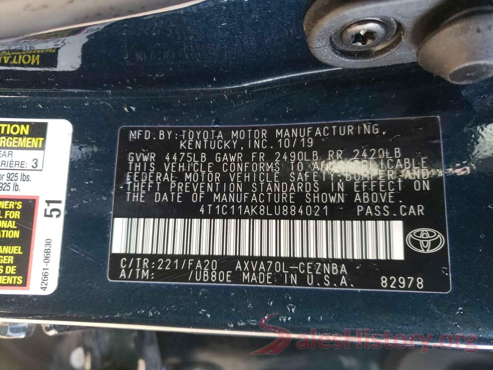 4T1C11AK8LU884021 2020 TOYOTA CAMRY