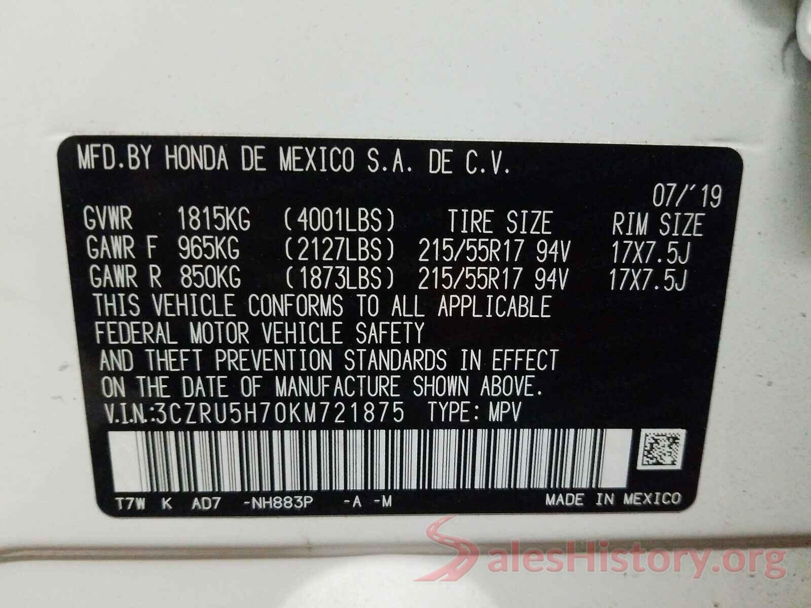 3CZRU5H70KM721875 2019 HONDA HR-V