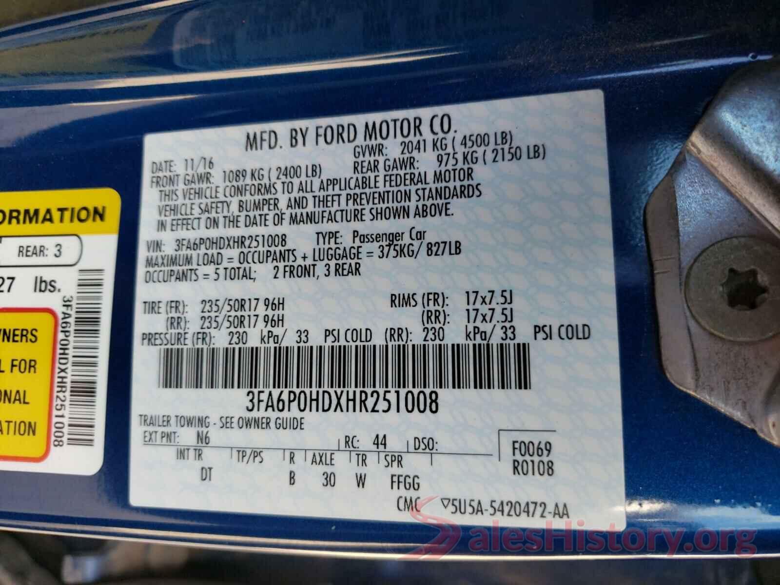 3FA6P0HDXHR251008 2017 FORD FUSION