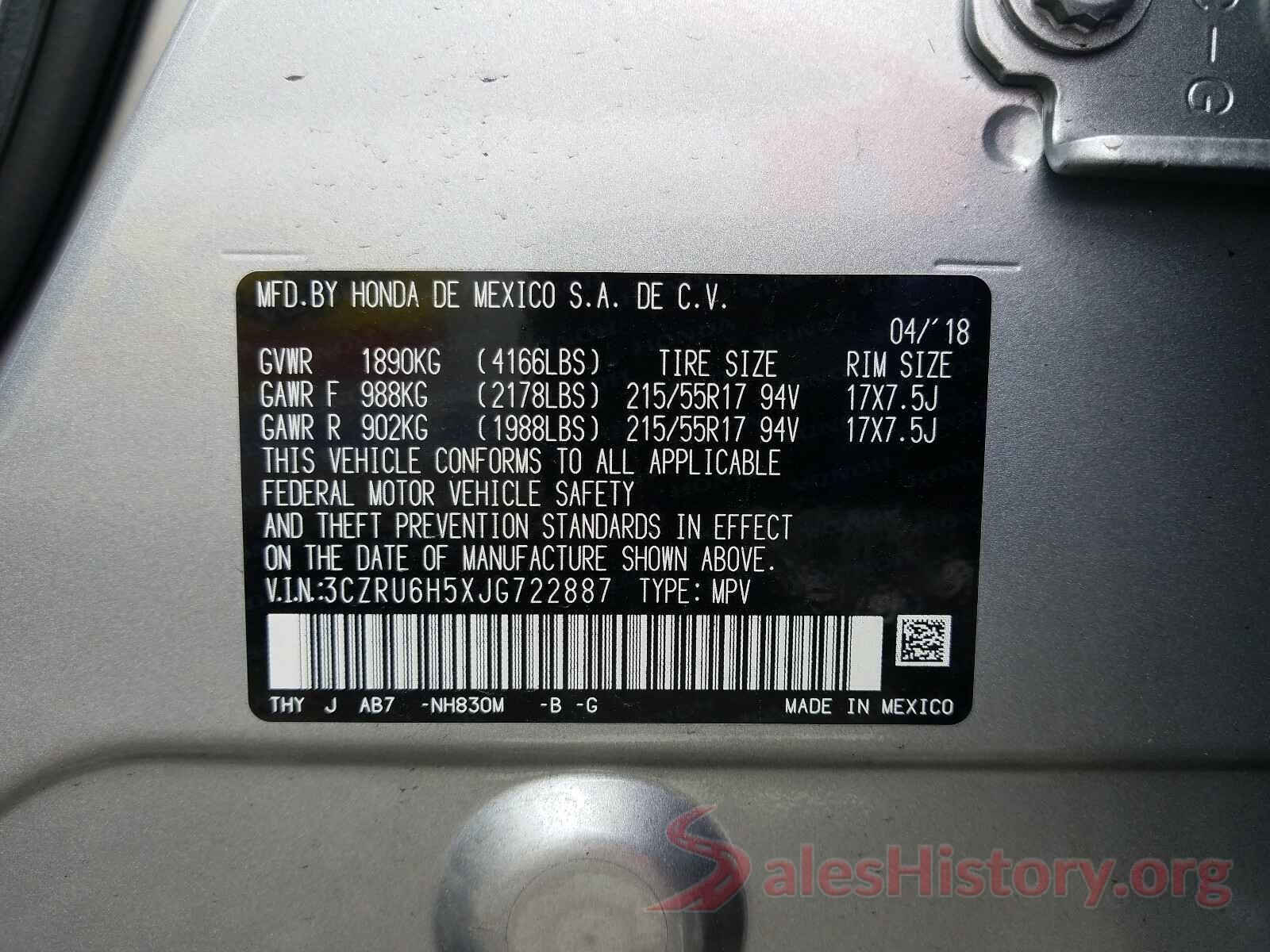 3CZRU6H5XJG722887 2018 HONDA HR-V