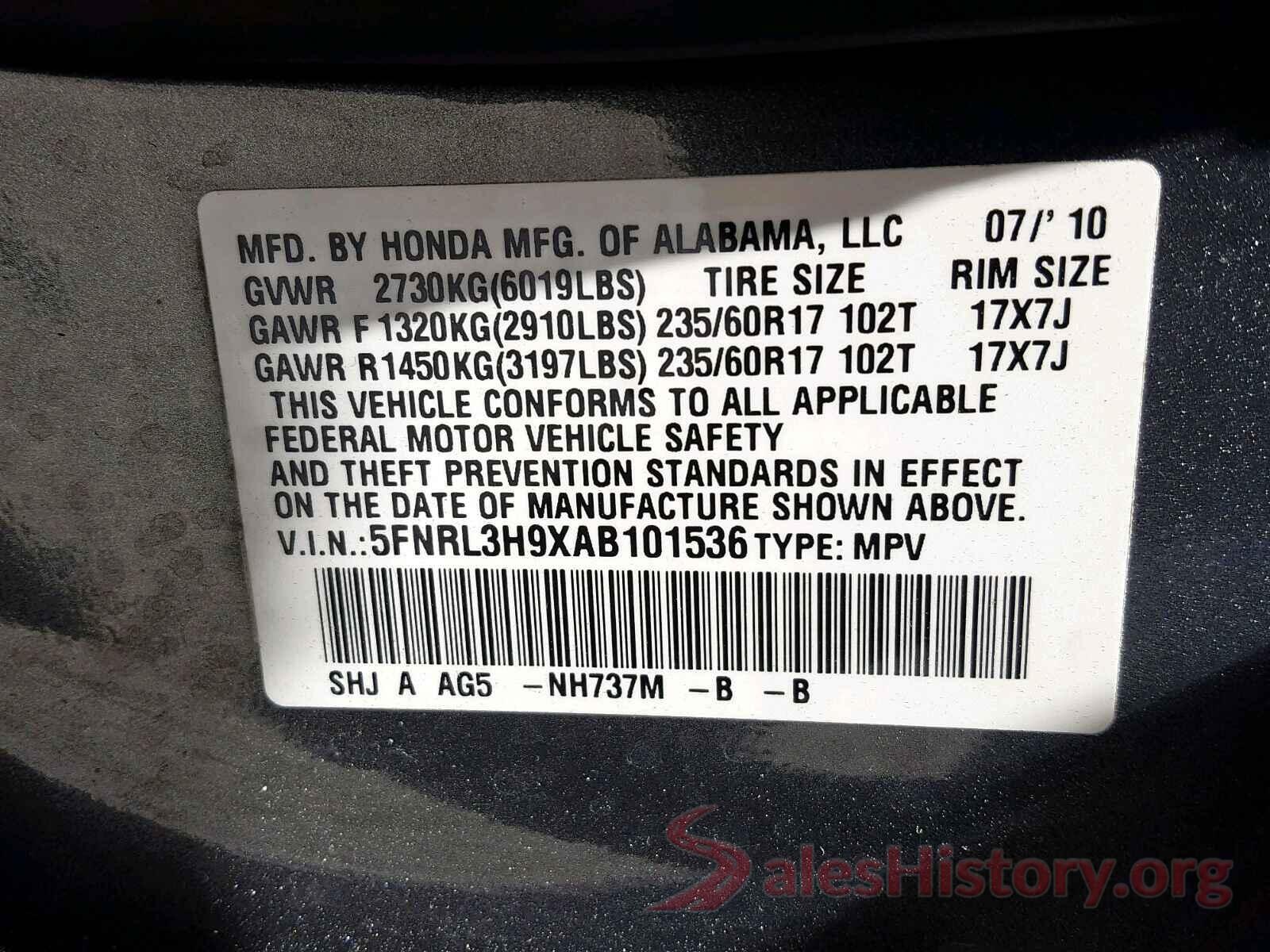 5FNRL3H9XAB101536 2010 HONDA ODYSSEY TO