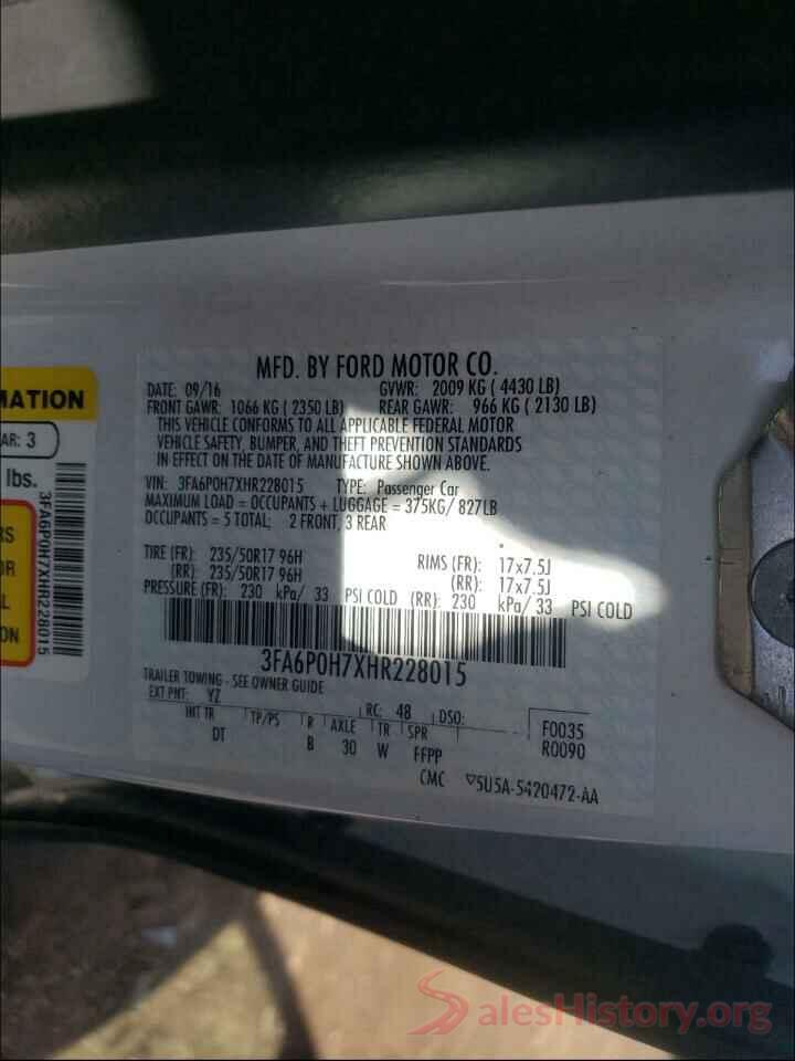 3FA6P0H7XHR228015 2017 FORD FUSION