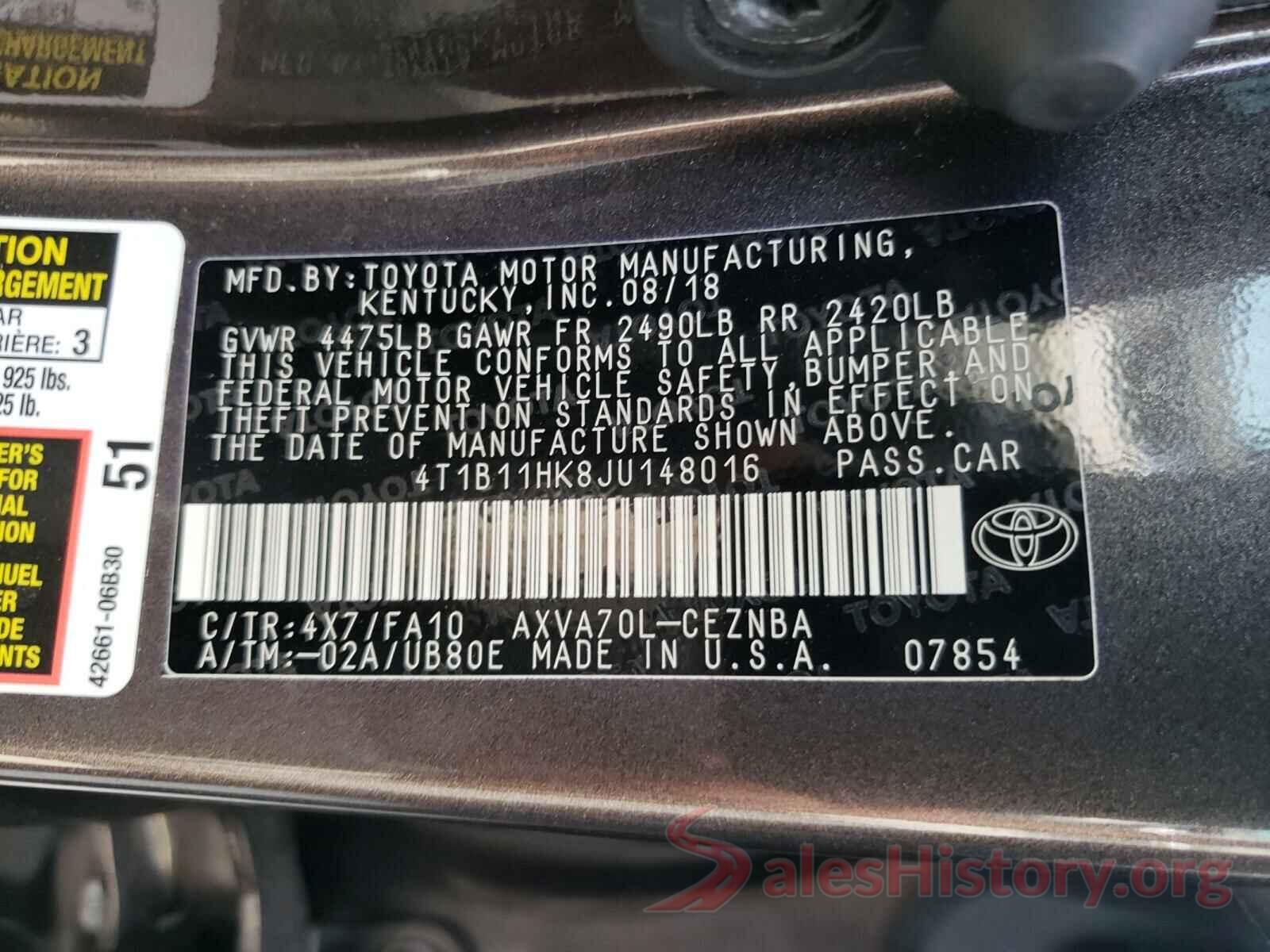 4T1B11HK8JU148016 2018 TOYOTA CAMRY