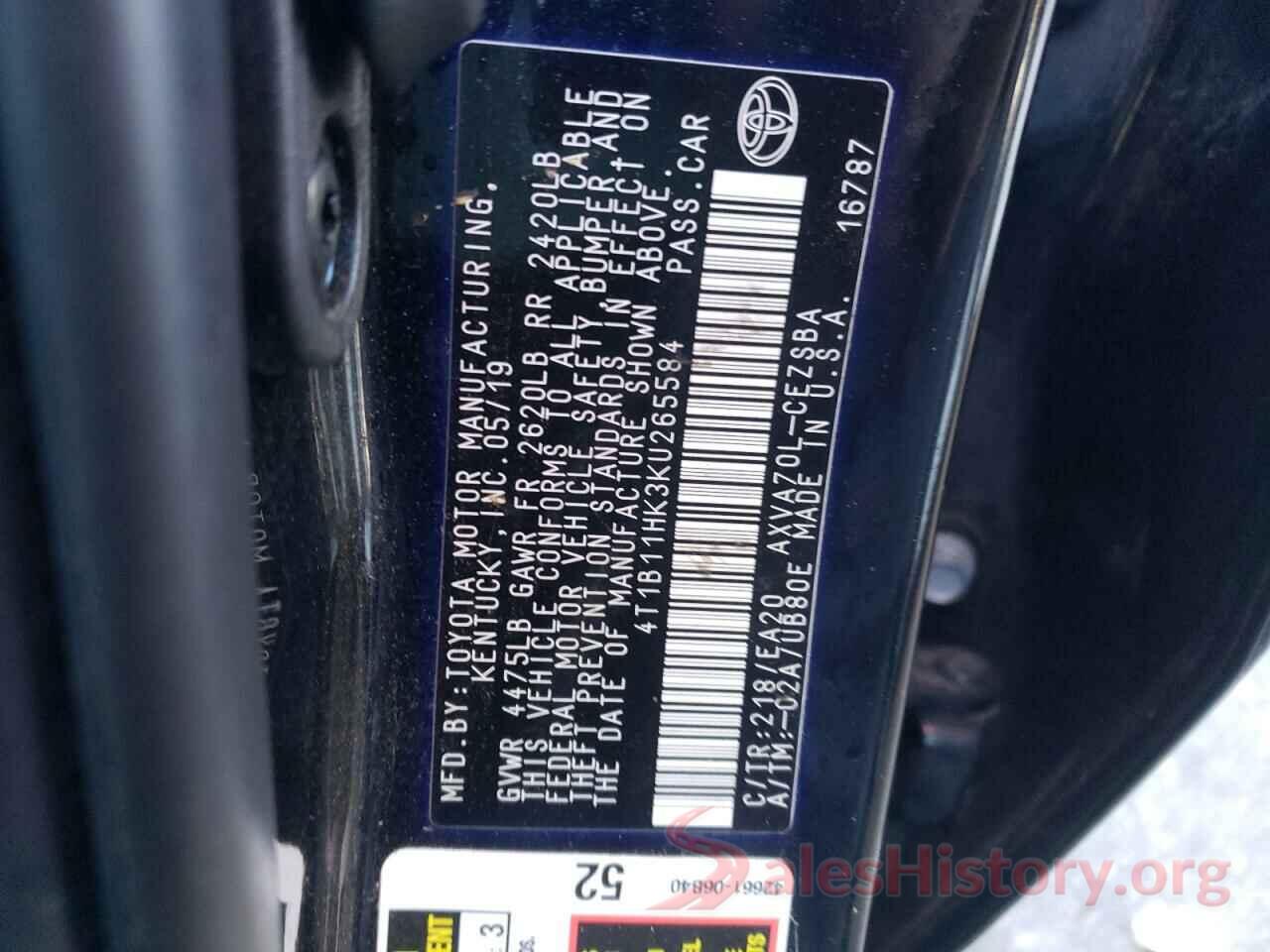 4T1B11HK3KU265584 2019 TOYOTA CAMRY