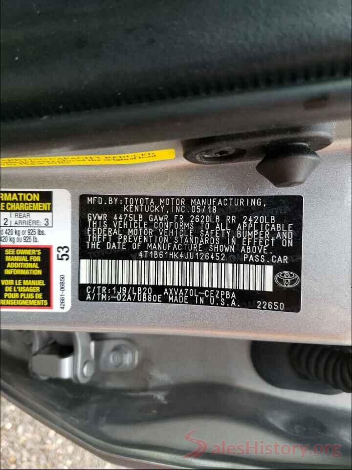 4T1B61HK4JU126452 2018 TOYOTA CAMRY