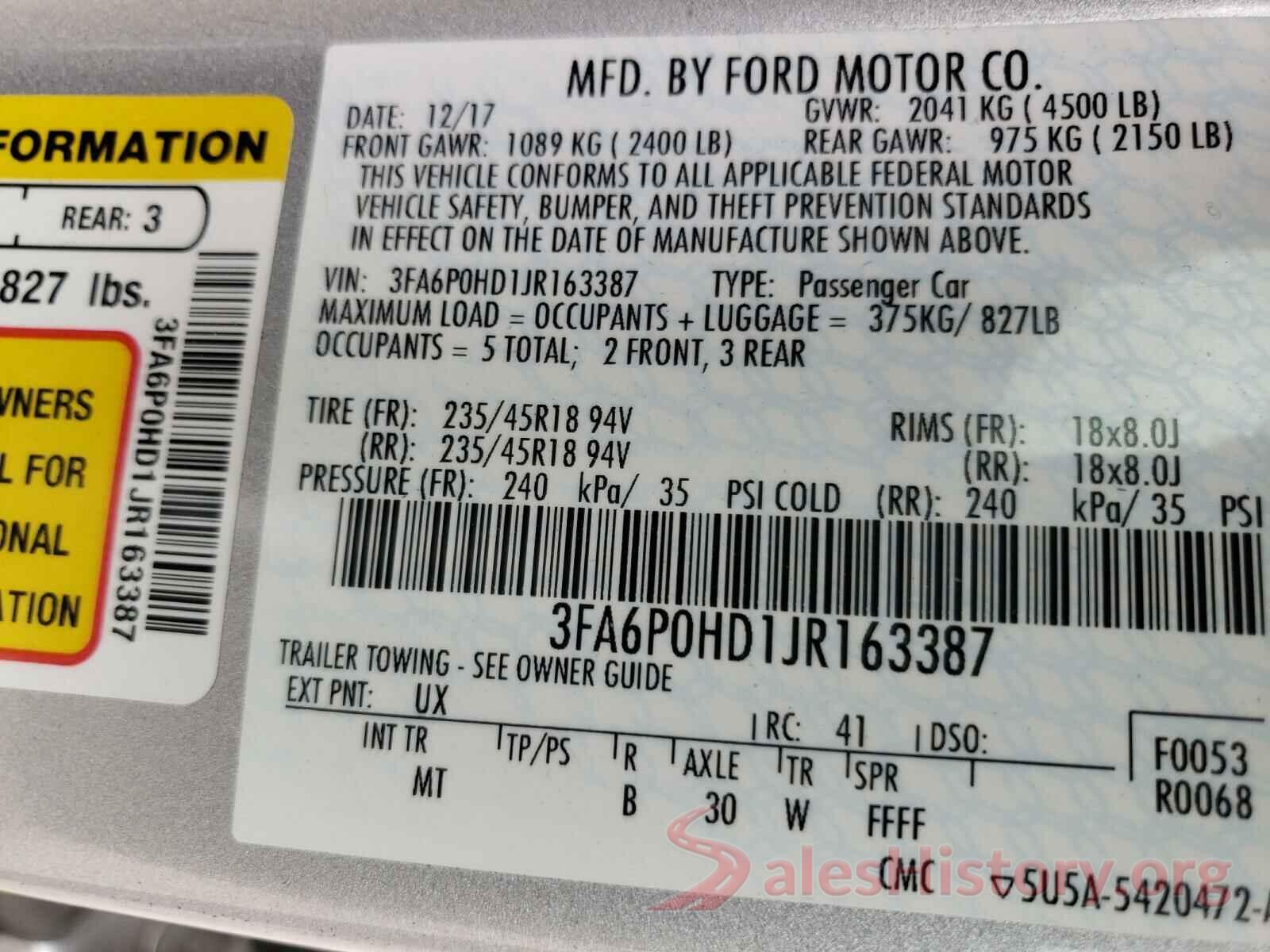 3FA6P0HD1JR163387 2018 FORD FUSION