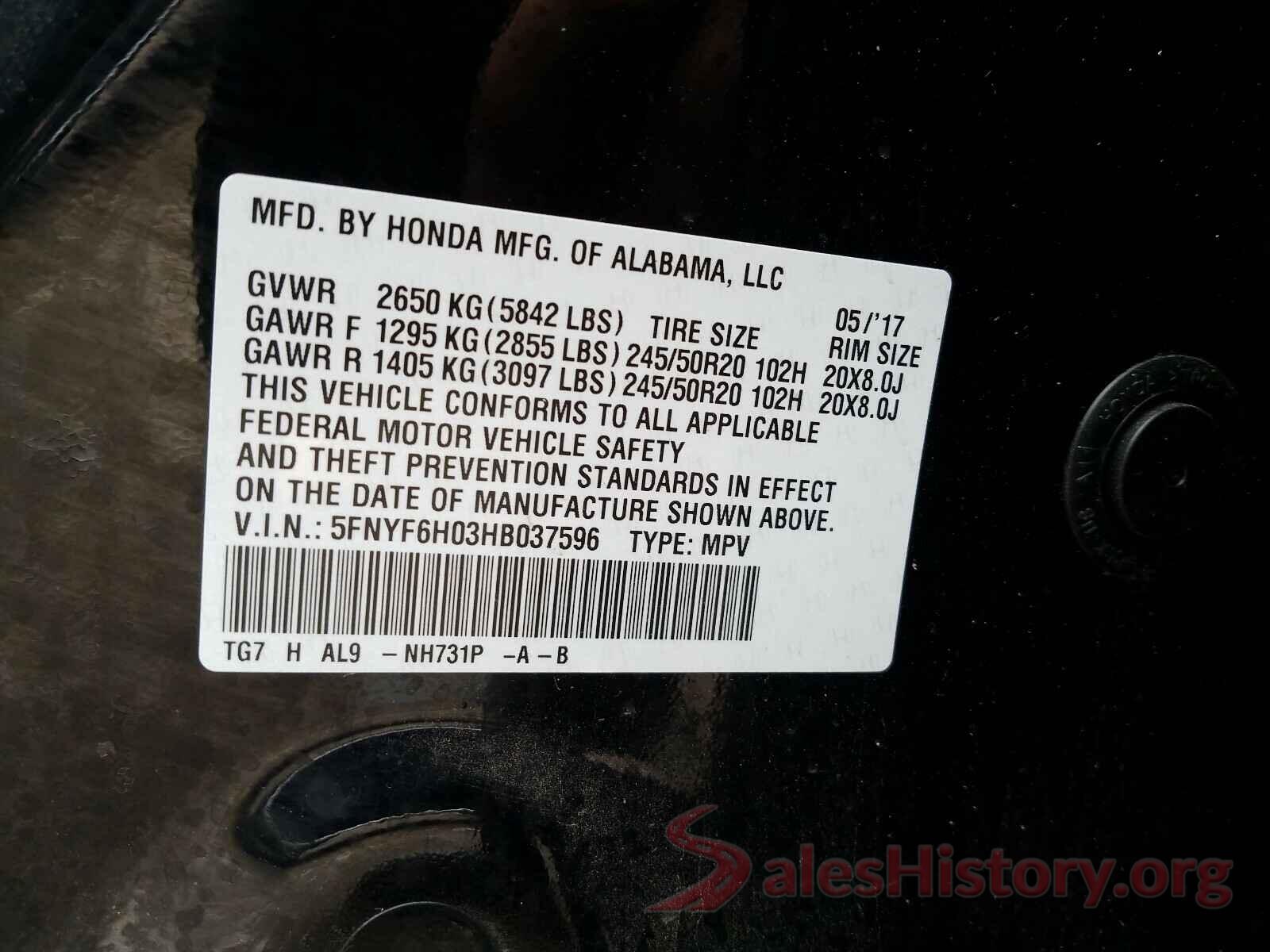 5FNYF6H03HB037596 2017 HONDA PILOT