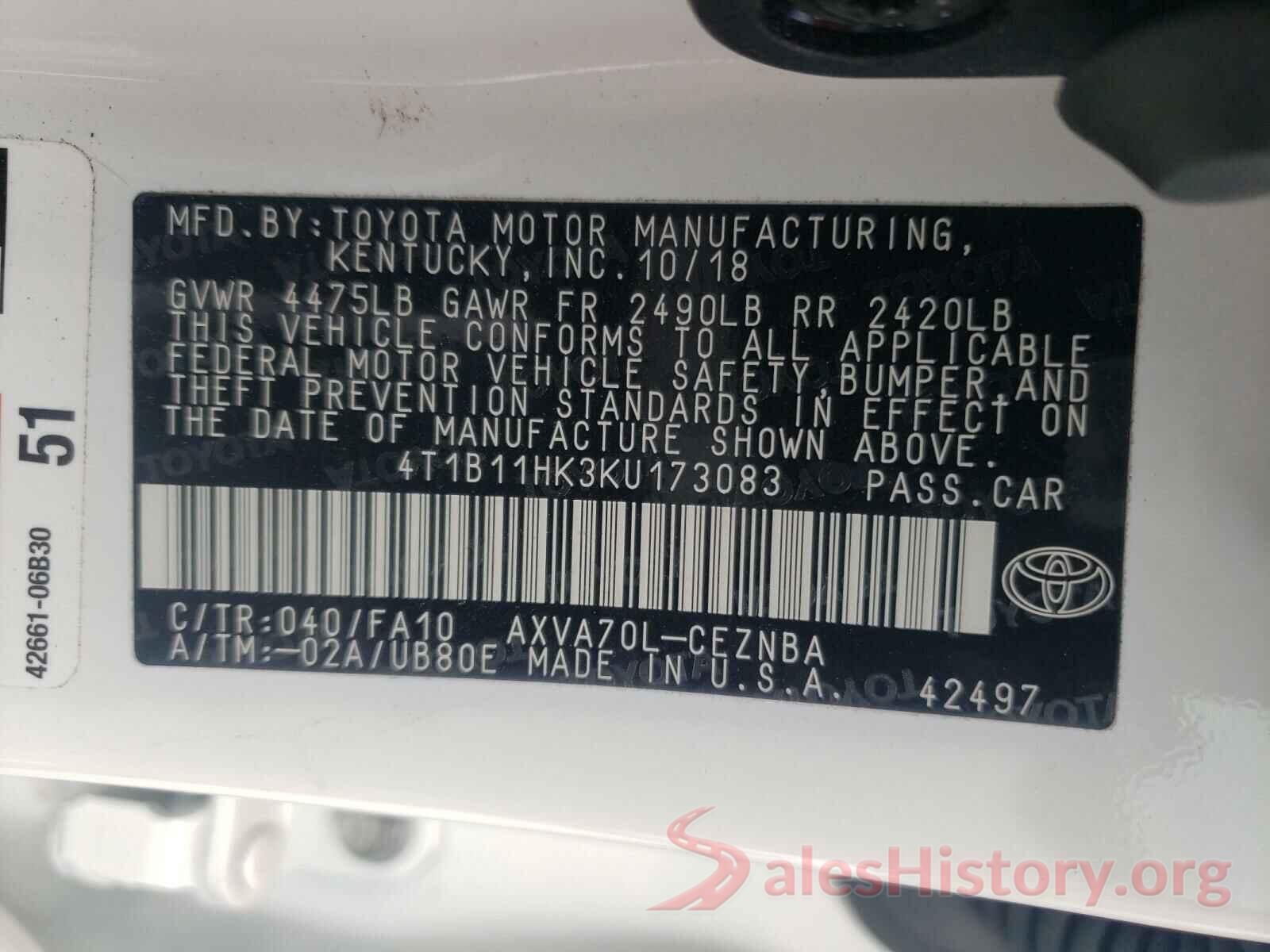 4T1B11HK3KU173083 2019 TOYOTA CAMRY