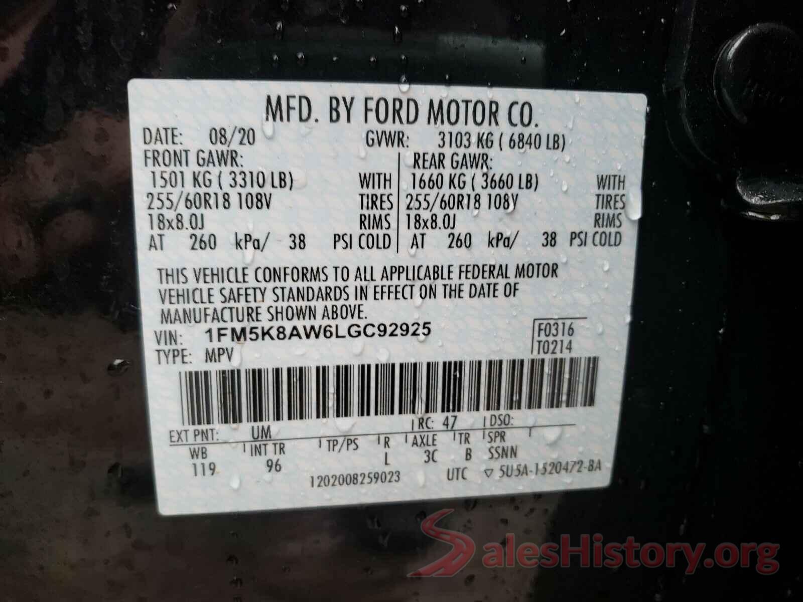 1FM5K8AW6LGC92925 2020 FORD EXPLORER