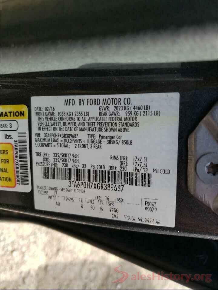 3FA6P0H7XGR389687 2016 FORD FUSION