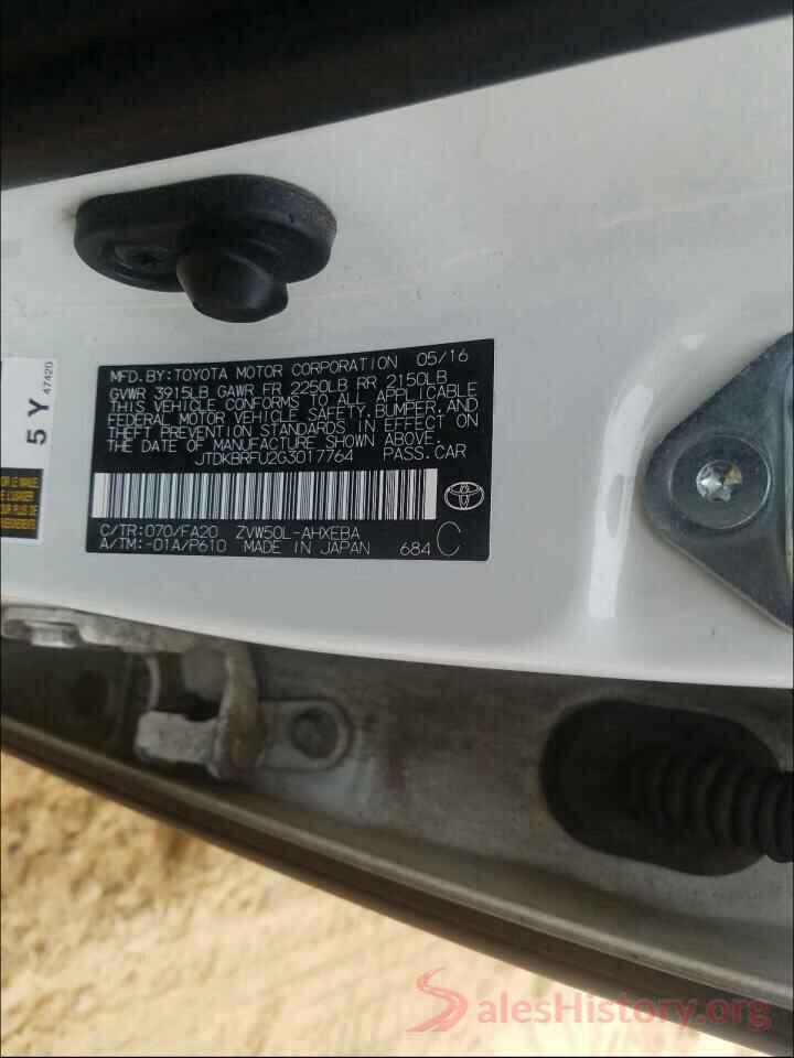 JTDKBRFU2G3017764 2016 TOYOTA PRIUS