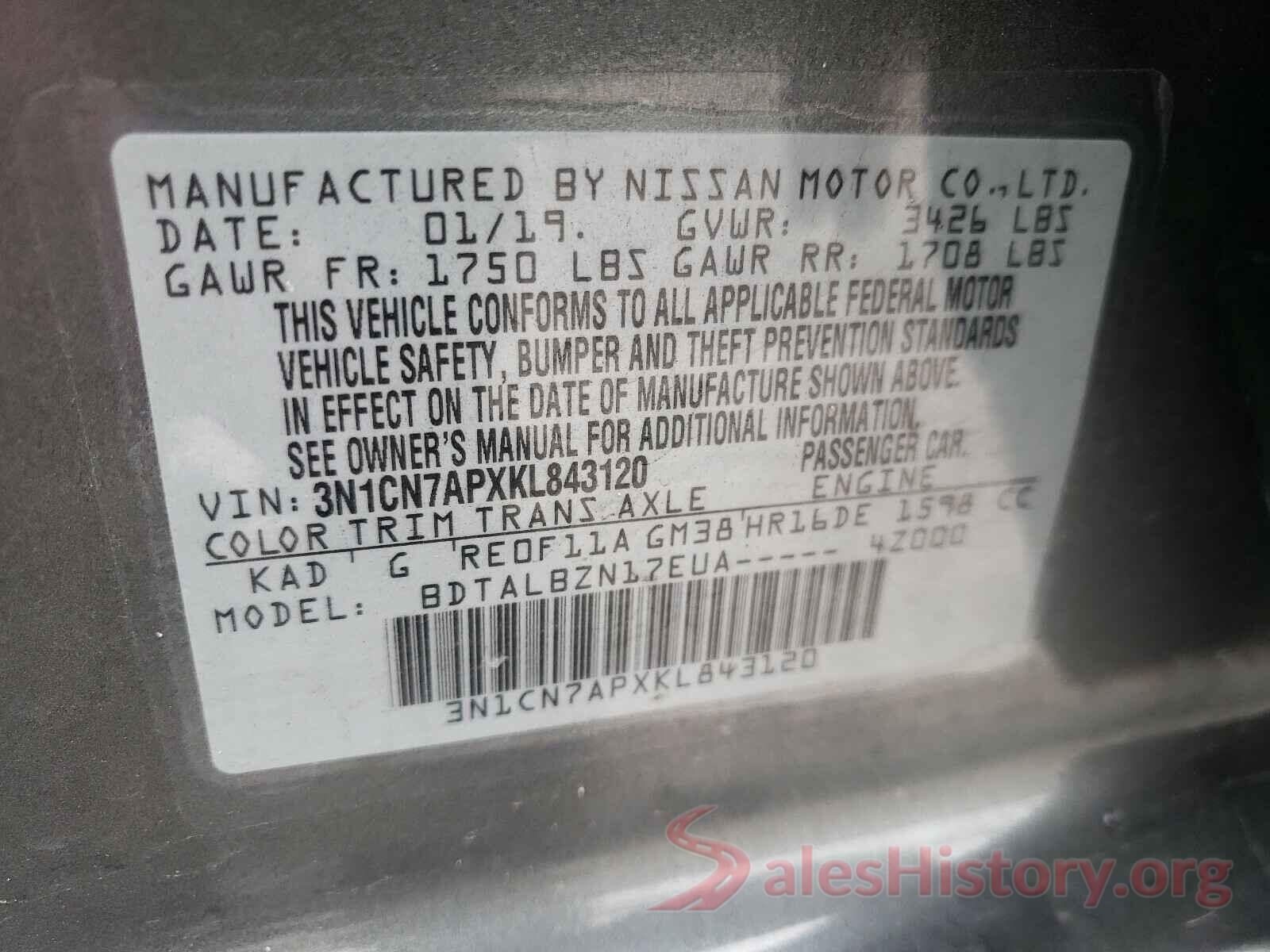 3N1CN7APXKL843120 2019 NISSAN VERSA