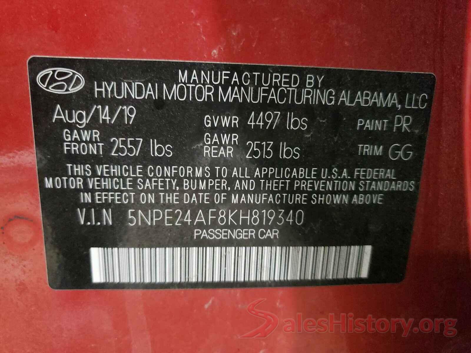 5NPE24AF8KH819340 2019 HYUNDAI SONATA