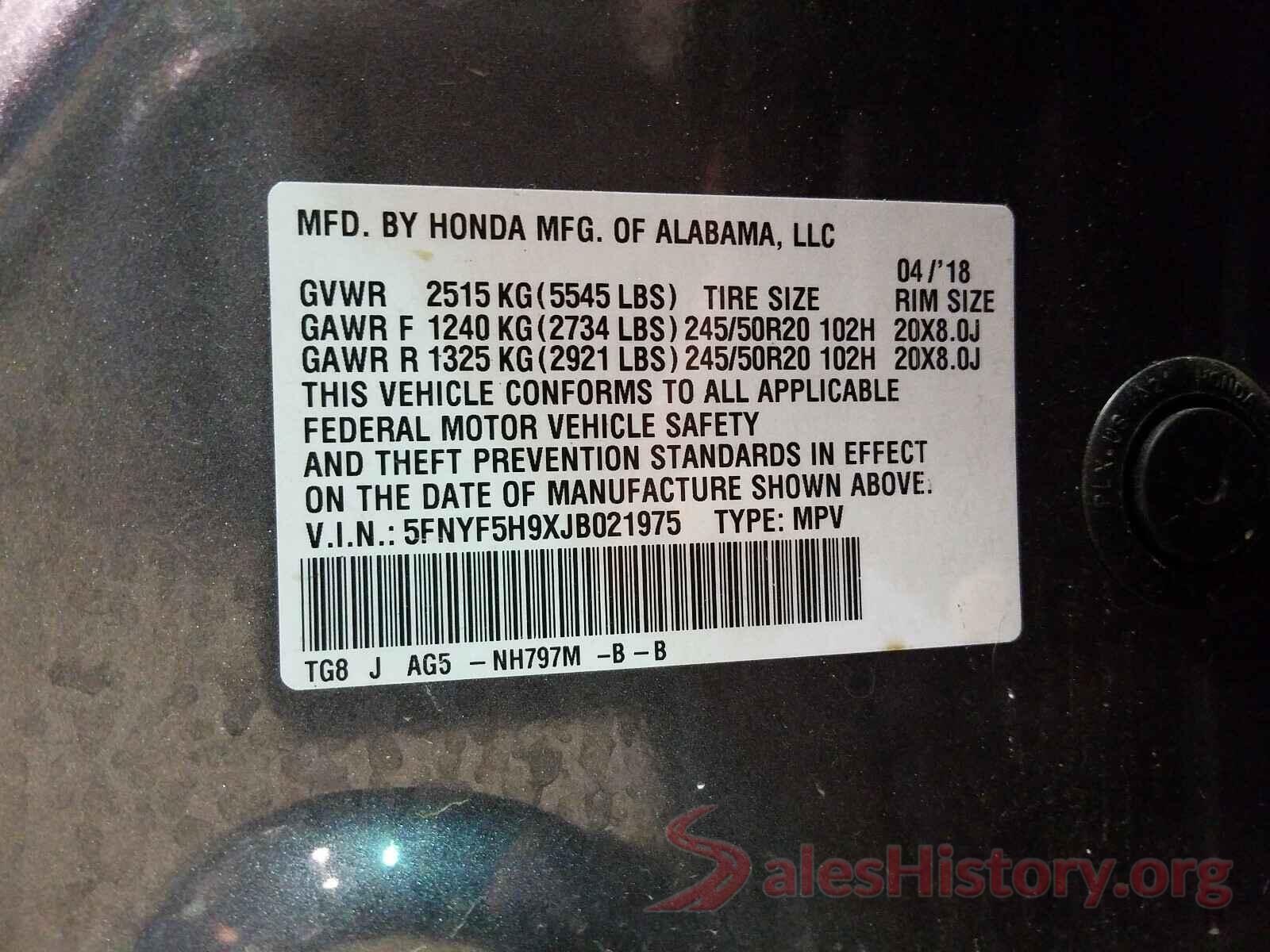 5FNYF5H9XJB021975 2018 HONDA PILOT