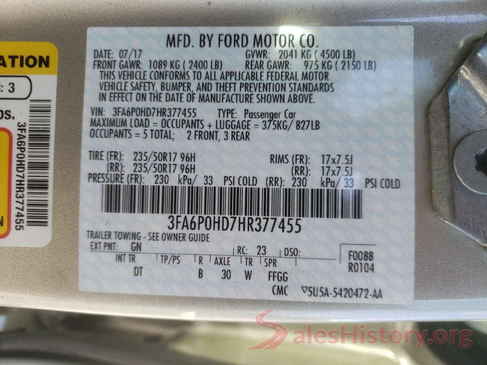 3FA6P0HD7HR377455 2017 FORD FUSION