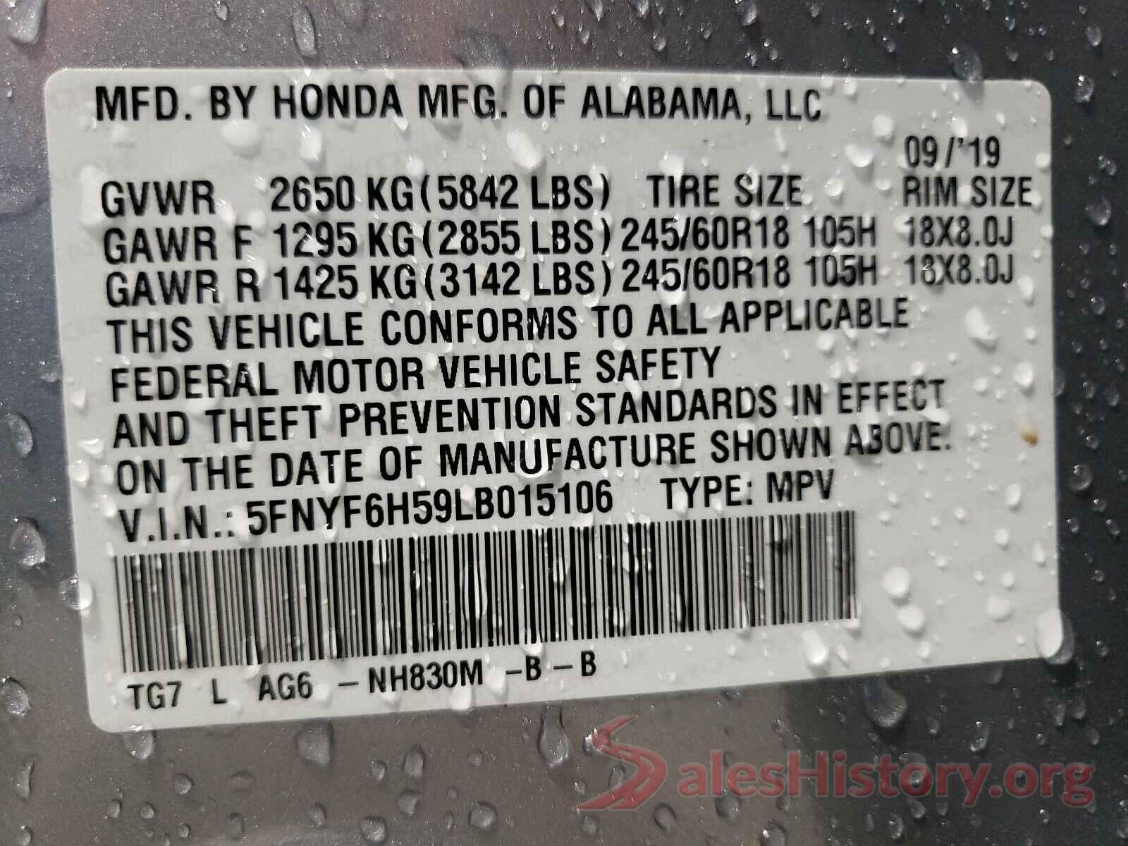 5FNYF6H59LB015106 2020 HONDA PILOT