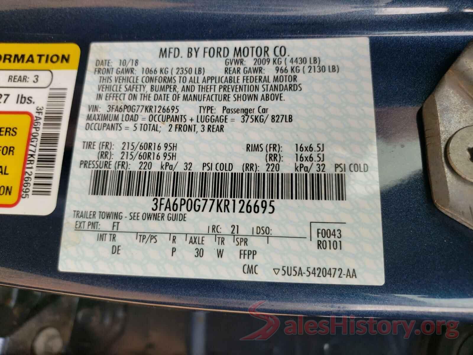 3FA6P0G77KR126695 2019 FORD FUSION