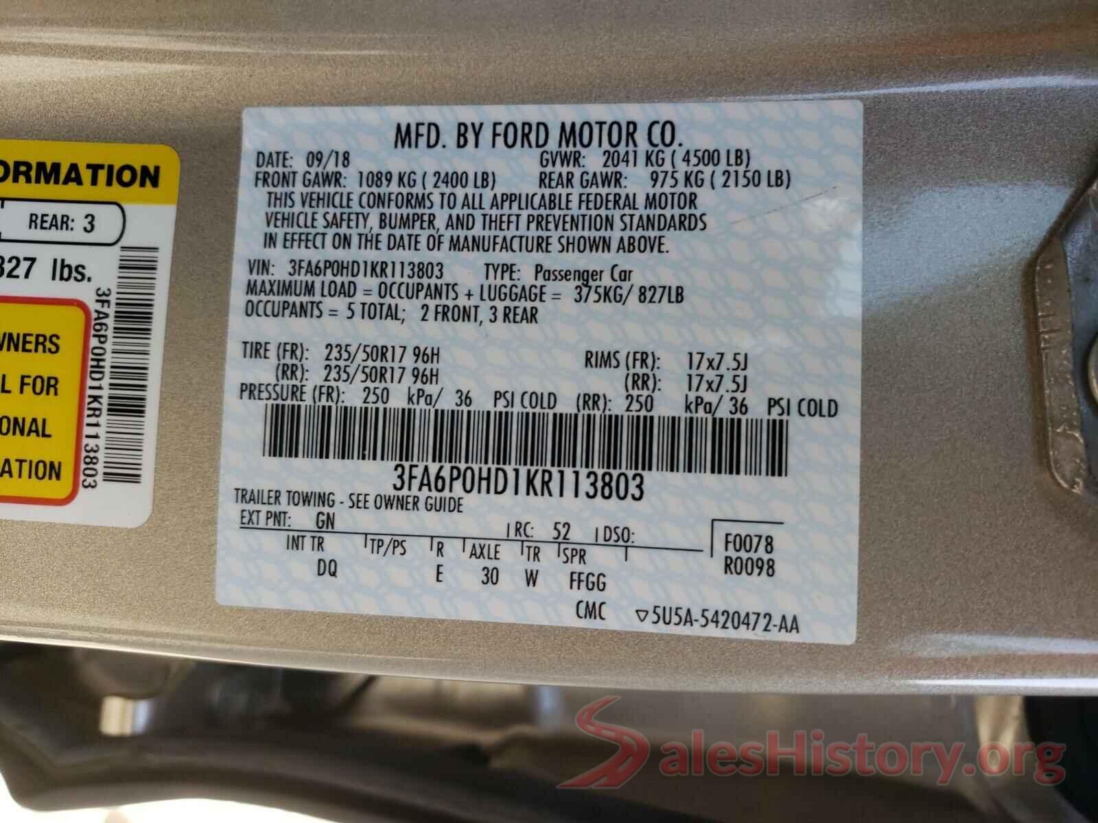 3FA6P0HD1KR113803 2019 FORD FUSION