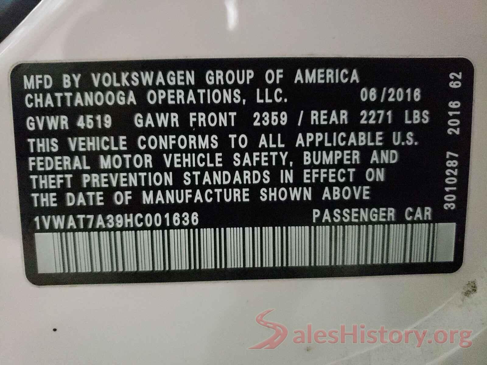 1VWAT7A39HC001636 2017 VOLKSWAGEN PASSAT