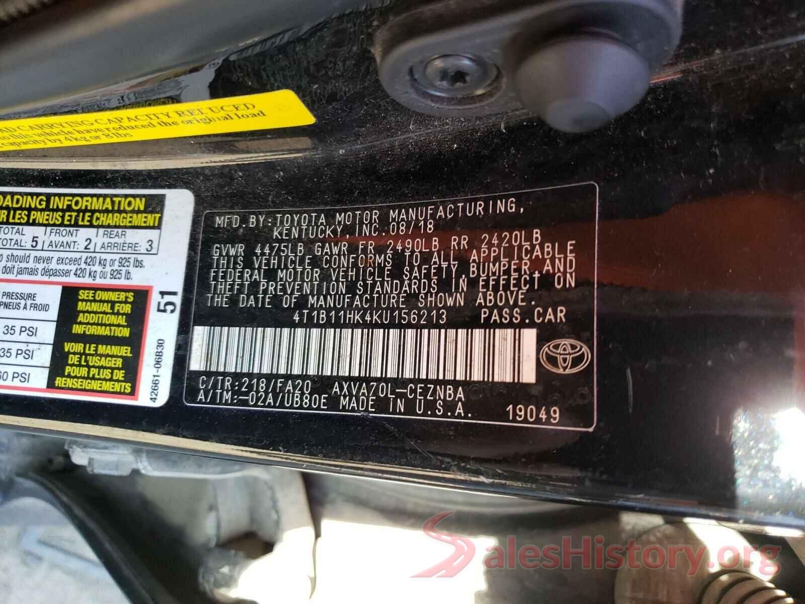 4T1B11HK4KU156213 2019 TOYOTA CAMRY