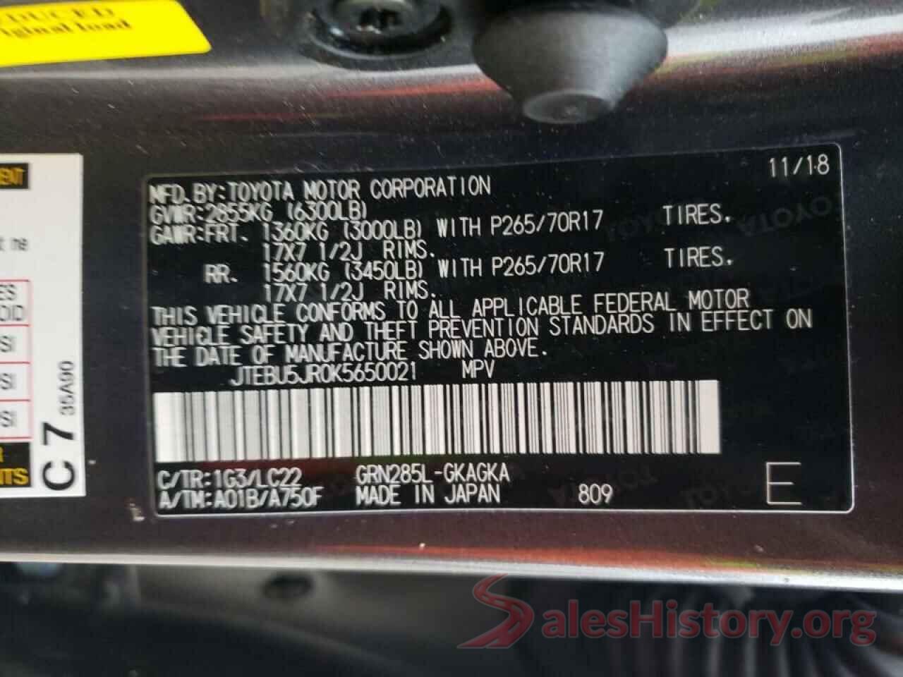 JTEBU5JR0K5650021 2019 TOYOTA 4RUNNER