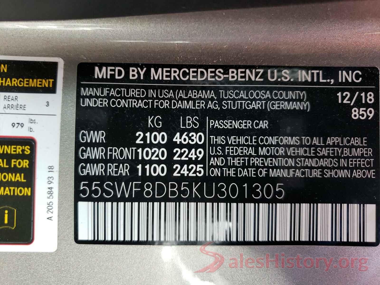 55SWF8DB5KU301305 2019 MERCEDES-BENZ C CLASS