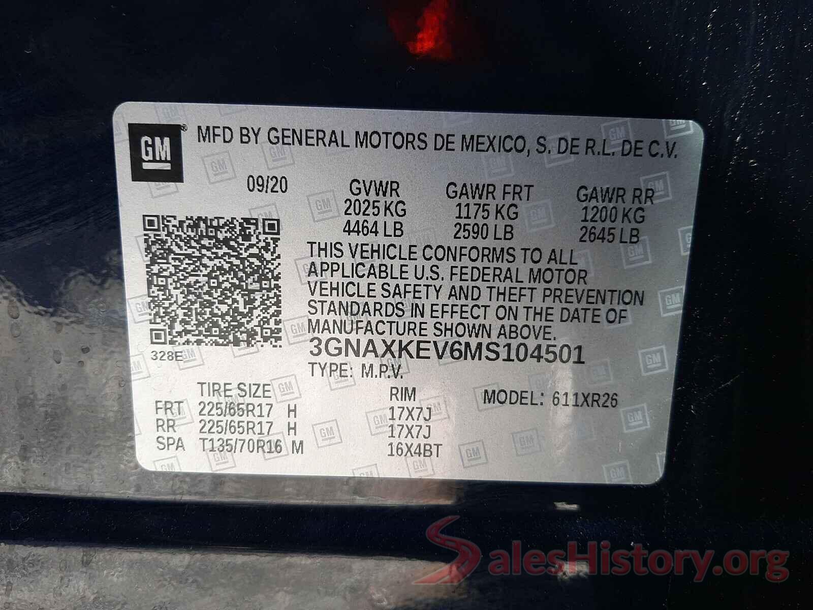 3GNAXKEV6MS104501 2021 CHEVROLET EQUINOX